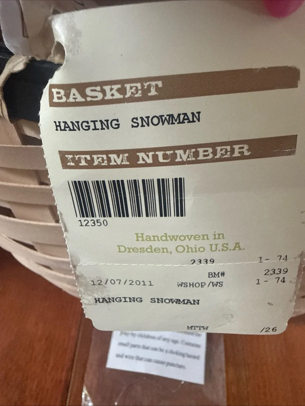 2011 Longaberger  Snowman Hanging Basket Felt Tie On Face NWT Discontinued